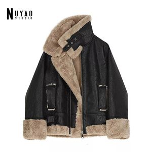 ファッションフェイクの毛皮のコートの女性の毛皮の襟の革のジャケット暖かい豪華な厚いアウターウェア冬の女性ウールコートジッパージャケット211007