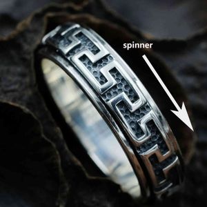 S925 Sterling Men Tibetan Vintage Buddhism Rings 925Sterling Silver Man The Great Wall Turn Rotate Ring