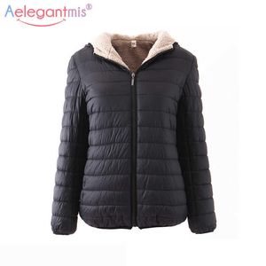 AELEGANTMIS Jesień Zima Kobiety Parka Krótkie Płaszcze Płaszcze Lady Fashion Hooded Coat Casual Bawełna Ciepła Znosić 210607