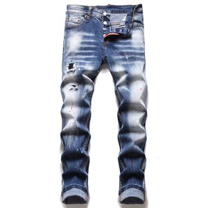 Män Slim Fit Solid Jeans Ripped Tvättad Skinny Mäns Denim Byxor 5-Pocket Regular Cotton Jean Destroyed Hole Kläder Pant Hip Hop Casual Trousers 1256