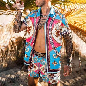 New Summer 2021 Men's Hawaiian Suit Print Cufflink Shirt + Beach Shorts Street Casual Men's Suit M-3xl Men's Street Liner Shirt G1222