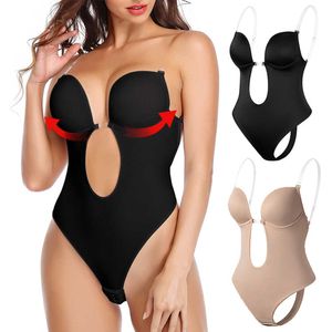 Women Backless Bra Body Shapewear Seamless U Plunge Bodysuit Bridal Thong Shaper Bodysuit Corset for Wedding Slimming Underwear H1018