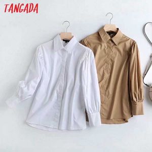 Tangada women white khaki cotton shirts puff long sleeve solid elegant office ladies work wear blouses high quality 4C37 210609