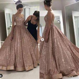 Gold glitzernde Pailletten Ballkleider A-Linie Chiffon Träger bodenlangen Abendkleid nach Maß Formal Ocn Wear Vestidos