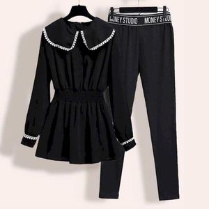 Dress top + casual pants autumn Korean age-reducing two-piece suit plus size women's fashion slim loose black sets 210526