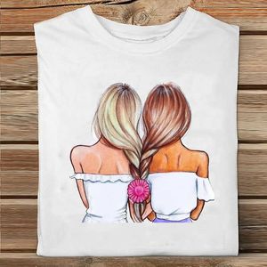Kvinnor Kortärmad Syster Vänner Söt Kärlek Blommor Stil Tecknad Kläder Print Tshirt Kvinna TEE Top Ladies Graphic T-shirt x0527