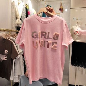 Девушки летние Harajuku футболка с буквой с коротким рукавом хлопок белый розовый круглый шеи повседневные шикарные моды женские футболки футболки 210527