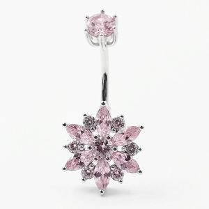 925 sterling silver belly Button Bar Ring pink flower cubic zircon navel piercing jewelry