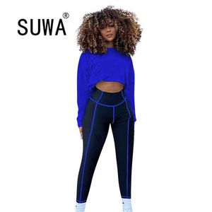 Rekommendera Style Womens Tracksuit Set Långärmad Pullover Crop Top Sportbyxor Byxor Lounge Slitage 2 stycken Outfits 210525