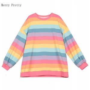 Pembe Gökkuşağı Çizgili Boy 2XL T Shirt Kadınlar Için Yaz Uzun Kollu O-Boyun T Gömlek Kore Tarzı Bayanlar Tops Tees 210302