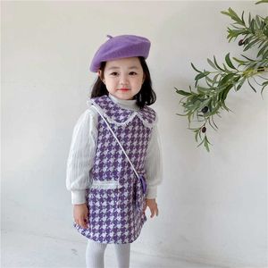 Spring CC Boutique Outfit for Children Girls Plaid Tweed Costumes Kids Set camicetta bianca e vestito 210529