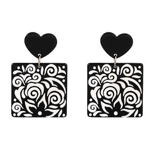 Dangle żyrandol Zhini etniczny gotycki geometryczny kwadratowy druk kropli kolczyki dla kobiet proste słodkie serce duże kolczyki biżuteria