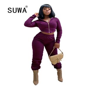 Jesień Dress Kobiety Pełna Rękaw Crop Top Top Thop + Legginsy Sporty Dopasowanie Zestaw Streetwear Casual 2-częściowy stroje 210525