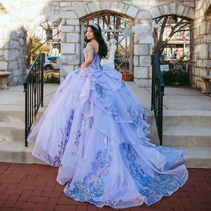 Vestido Sequins Quinceanera Dresses 라벤더 라일락 오프 숄더 레이스 Applique 달콤한 16 코르 셋 드레스 2021 Vestidos de XV Años 공 파로 댄스 가운