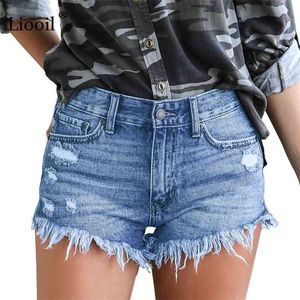Liooil Denim Shorts Plus Size Casual Skinny Algodão Mid Cintura Moda Botão Bolsos Borla Mulheres Sexy Jean 210621