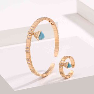 2021 Classic Women Fashion 2 Pcs Bracelet & Simple Candy Color Stone Design Gold Open Cuff Bangle Ring Jewelry Set