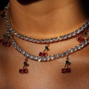 Luxury designer Jewelry Sweet red Crystal Cherry Pendant Necklace for Women Gold Color Tennis Chain Rhinestone Choker
