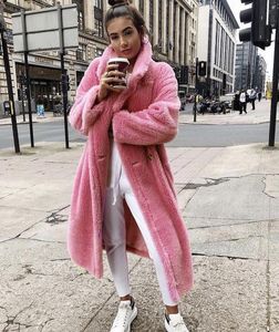 Rosa lång päls nallebjörnjacka rockar kvinnor vinter tjock varm överdimensionerad chunky ytterkläder överrock faux lambool pälsrockar för mors dagar gåva