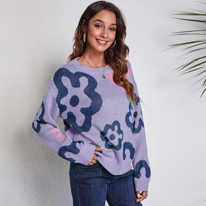 Europäisch-amerikanische neue Damen-Strick-T-Shirts, lila Blume, passender Langarm-Strickpullover, lockere Herbst-Winter-Kleidung