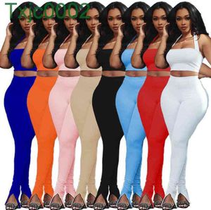 Mulheres duas peças calças roupas faixas de desenhista slim sexy sem mangas suspensórios tops leggings dividido escorregão cor sólida 8 cores
