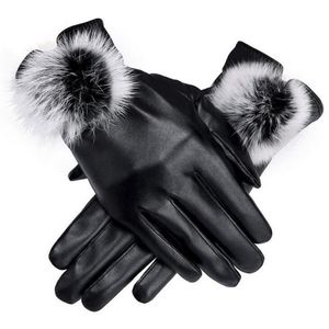 Fingerless Gloves 2021 Women Ladies Leather Autumn Winter Bow Warm Driving Plus Velvet Mittens Black Color