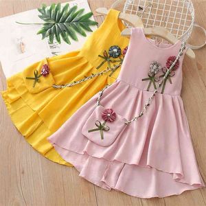 Sommer 3-8 10 bis 12 Jahre Teenager Baumwolle Neuheit Floral ärmellose Tank Spitze Baby Sommerkleid Kleider für Kinder Mädchen mit Tasche 210701