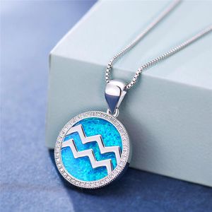 Anhänger Halsketten Weibliche Blaue Weiße Opal Halskette Große Runde Kette Für Frauen Nette Wassermann Silber Farbe Hochzeit NecklacePendant