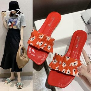 Tofflor 2021 Summer Women Super Fire Printing Bow Low Heel Square Head One Word Drag Wild Casual Non Slip Sandals