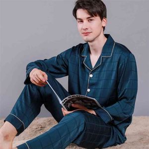 Marka 100% prawdziwy jedwab mężczyźni piżamy wysokiej jakości Długi rękaw 2 sztuki Pajama Pants Sets Male Mulberry Silk Pajama Homme 210901