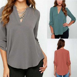 Spring Women V Neck Chiffon Blus Elegant Solid Roll Up Långärmad Casual Solid Kontorskjorta Plus Storlek 5XL Lady Blouse Top 210721