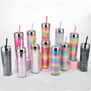 16oz skinny tumblers double-layer plastic straw cup summer party rainbow gradient glitter straight bottle for girls women By sea T2I52332