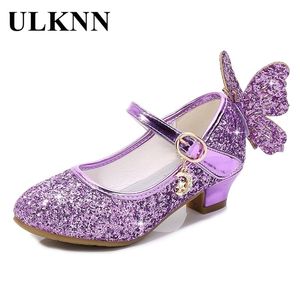 ULKNN Kinder Tanzschuhe Prinzessin Kinder Lederschuhe für Mädchen Blume Casual Glitter Kinder High Heel Mädchen Schuhe Schmetterling Knoten 210306