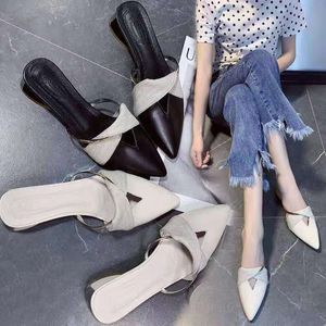 Pointed Design Ladies Slippers, Thick-Heeled Baotou Sandals, Outer Wear Korean Low-Heeled Large Size 35-41