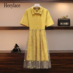 Plus Größe Frauen Kleid 2021 Sommer Strand Midi Casual Solide Chiffon Lose Kleid Mit Gesticktem Mesh Büro Taste Sommerkleider 5XL Y1006