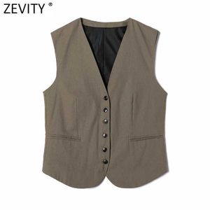 Zevity Women Fashion V Neck Single Breasted Linen Vest Jacket Lady Retro Sleeveless String Bag Design WaistCoat Chic Tops CT708 210603