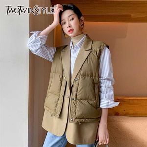 TWOTWINSTYLE Fake Two Casual Jacket For Women Lapel Sleeveless Solid Black Jackets Female Winter Fashion Clothing Style 211123