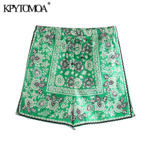 Kpytomoa Kobiety Chic Moda Side Kieszenie Kwiatowe Spodenki Print Vintage Wysokiej Elastycznej Talii Sznurek Kobiet Krótkie spodnie Mujer 210719