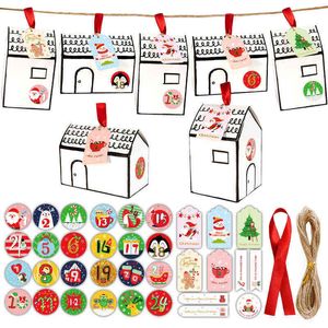 24Sets Casa Branca Forma Caixas de Doces Xmas Decoração Decoração Caixa de Presente Com Número de Calendário do Advento Adesivo DIY Embrulho Suprimentos H1231