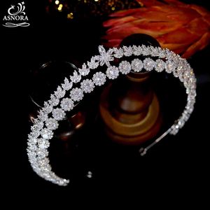 Asnora Luksusowy Cubic Cyrkonia Ślubna Korona Ślubna Długie Tiaras Marquise Cut Cyrkon CZ Prom Coronet Crystal Włosy Biżuteria