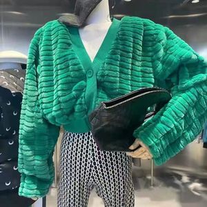 Vizon Ceket Bayan toptan satış-Kadın Ceketler Vintage Faux Vizon V Boyun Gevşek Mahsul Hırka Ceket Kadınlar Için Sonbahar Kış Zarif Kısa Ceket Bayanlar Katı Sıcak Üst