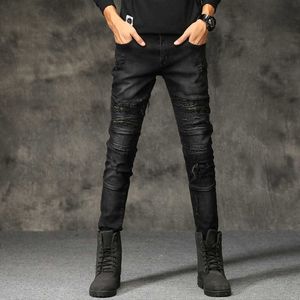 Mäns Jeans Ripped förstörda Biker Jeans Hip Hop Stretchy Denim Byxor Slim Fit Male Patches Hole Male High Street Trousers 210622