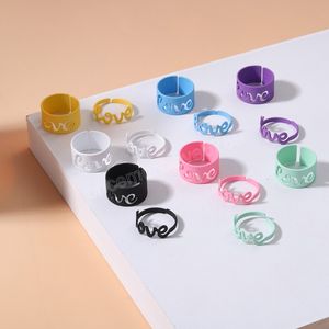 Fashion Colorful Metal Spray Paint Leve Letter Open Ring Set For Women Candy Color Hand Painted Knuckles Ring Jewelry