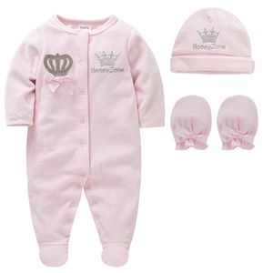 Baby Girls Boys Rompers Royal Crown Clothing Sets with Cap Gloves Infant Newborn One-Pieces Footies Overall Pajamas Velour 210309