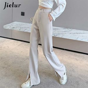 Jielur Fashion Черные брюки костюмы Весна XS-2XL Высокая талия Случайные Женские Брюки Широкая Нога Сплит Работает Официальная молния 21115