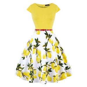 MissJoy Plus Storlek 4XL Klänning Kleding Vrouwen Vintage Elegant Cap Sleeve Lemon Blomma Skriv ut Stift upp fashionabla klänningar Kerst Jurk 210309