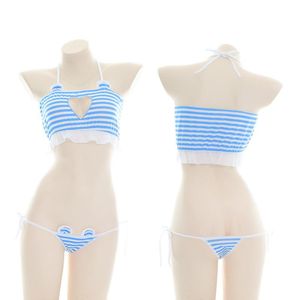 Korseler Bikini toptan satış-Büstiyer Korseler Aşk Kalp Hollow Out Mavi Beyaz Şerit Bikini İç Giyim Setleri Japon Anime Kawaii Kedi Kulak Açık Göğüs Seksi Lolita Sleepw