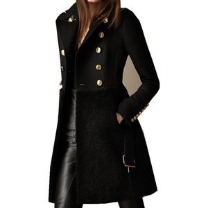 Женщины осень зима длинная куртка шерстяное пальто черный двубортный ремень тонкий подходящий флис плюс размер дамы траншея пальто элегантный