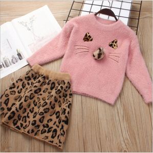 Kinder Rock Anzug Reine Farbe Pullover Nerz Wolle Leopard Print Rock Zwei-stück Set Ausländischen Geschmack Kinder Tragen WMQ567