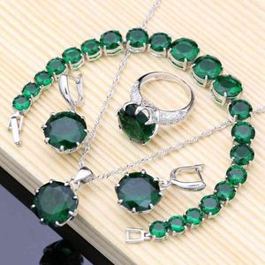 Punk Style Fashion Women Sier 925 Jewelry Sets Big Gem Emerald White Topaz Bridal Jewelry Bracelet Ring Necklace Kit Gift