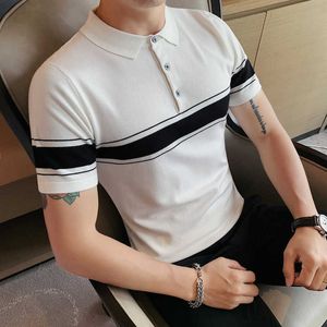 Summer Striped POLO Shirts Men British Style Slim Fit Casual POLO Shirts Breathable Streetwear Lapel Tee Tops Male Clothing 210527